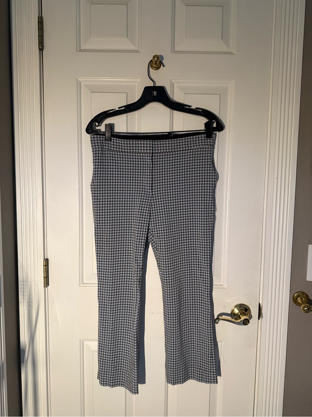 Theory Treeca 4 Trousers in Light Blue, Black, and Cream Checked Pattern